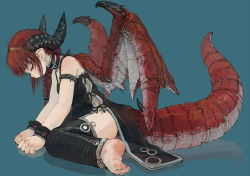 Rule 34 | 1girl, armlet, barefoot, blue background, bow, braid, choker, dragon girl, dragon tail, dragon wings, dress, ebimomo, feet, frown, halterneck, horns, leg warmers, long hair, looking at viewer, original, panties, pointy ears, profile, red eyes, red hair, ribbon, scales, side-tie panties, side braid, sitting, soles, solo, tail, toes, underwear, wariza, wings, wrist cuffs
