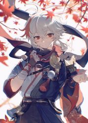 Rule 34 | 1boy, 329kome, ahoge, armor, artist name, autumn leaves, bandaged arm, bandages, belt, black belt, black bow, black shirt, bow, branch, closed mouth, commentary request, crossed bangs, genshin impact, gold, grey hair, grey shirt, hair between eyes, hand up, highres, kaedehara kazuha, leaf, leaf print, long sleeves, looking to the side, male focus, multicolored hair, pom pom (clothes), red bow, red eyes, red hair, red scarf, scarf, shirt, short hair, short sleeves, sidelocks, simple background, single strap, smile, solo, sparkle, standing, striped, striped bow, tree, two-tone hair, two-tone shirt, white background