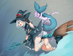 Rule 34 | 1girl, ;d, alternate costume, animalization, bandaged leg, bandages, barefoot, black gloves, bloomers, blue dress, blue eyes, blue hair, blunt bangs, broom, broom riding, cat, dress, fingerless gloves, fins, fish tail, gawr gura, gloves, grey hair, highres, hololive, hololive english, long hair, looking at viewer, multicolored hair, nekomata okayu, nekomata okayu (cat), one eye closed, open mouth, polearm, shark girl, shark tail, sharp teeth, smile, soles, solo, streaked hair, tail, teeth, trident, underwear, virtual youtuber, weapon, wide sleeves, witch, yomitrooper