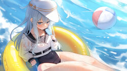 1girl absurdres afloat anchor_symbol ball beachball black_one-piece_swimsuit black_sailor_collar blush commentary_request commission covered_navel flat_cap food grey_hair hat hibiki_(kancolle) highres innertube kantai_collection madai_(mappy) neckerchief ocean on_innertube one-piece_swimsuit partial_commentary pixiv_commission popsicle sailor_collar school_swimsuit swim_ring swimsuit wet wet_clothes