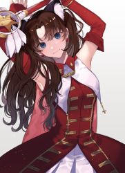 1girl, arms up, bangs, bare shoulders, blue eyes, breasts, brown hair, closed mouth, commentary request, cowboy shot, detached sleeves, dress, earrings, elbow gloves, fate/stay night, fate (series), fingerless gloves, gloves, hair ribbon, highres, holding, holding staff, jewelry, long hair, looking at viewer, parted bangs, red dress, red gloves, ribbon, shimatori (sanyyyy), shiny, shiny hair, smile, solo, staff, standing, thighhighs, tohsaka rin, two side up, upper body, white background