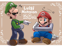 Rule 34 | 2boys, anniversary, brothers, brown hair, facial hair, gloves, hat, highres, laughing, luigi, luigi&#039;s mansion, mario, mario (series), multiple boys, mustache, nintendo, one eye closed, open mouth, overalls, pointing, siblings, sideburns, sitting, smile, standing, stuck, sweat, tears, ya mari 6363