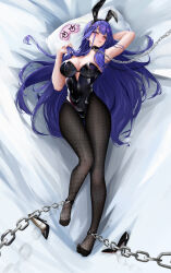 1girl absurdres azur_lane black_choker black_footwear black_leotard black_pantyhose blush breasts chain chained choker cleavage dakimakura_(medium) fishnet_pantyhose fishnets full_body high_heels highres large_breasts leotard long_hair looking_at_viewer lying mogador_(azur_lane) muchuan.art on_back pantyhose pillow playboy_bunny purple_hair shoes sleep_mask very_long_hair