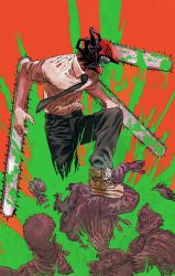 Rule 34 | 1boy, alternate form, belt, black pants, blood, blood splatter, body modification, chainsaw, chainsaw man, cleaned, collared shirt, denji (chainsaw man), fighting, fujimoto tatsuki, guro, highres, necktie, official art, orange background, pants, sharp teeth, shirt, sleeves rolled up, solo, teeth, unusual blood color, unusual head, white shirt, zombie