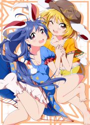 Rule 34 | 2girls, animal ears, barefoot, blonde hair, blue dress, blue hair, breasts, rabbit ears, rabbit tail, bwell, cleavage, dress, extra ears, floppy ears, holding hands, hat, interlocked fingers, jumping, large breasts, long hair, looking at viewer, looking back, multiple girls, navel, one eye closed, open mouth, orange shirt, pink eyes, puffy short sleeves, puffy sleeves, ringo (touhou), seiran (touhou), shirt, short hair, short shorts, short sleeves, shorts, smile, tail, touhou, very long hair