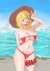 Rule 34 | 1girl, bare shoulders, beach, bikini, blonde hair, blue sky, borrowed character, breasts, cleavage, covered erect nipples, draw this in your style challenge, fang, florida-chan (ryusei hashida), hand up, hat, highres, horizon, large breasts, medium hair, navel, open mouth, original, red bikini, sky, smile, solo, straw hat, swimsuit, treepxiv, upside-down bikini top, v, water