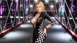 Rule 34 | 1girl, 3d, blonde hair, blue eyes, breasts, dead or alive, dead or alive 5, large breasts, no bra, official art, racing suit, solo, tecmo, tina armstrong, unzipped