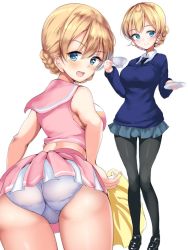 Rule 34 | 10s, 1girl, arched back, ass, black neckwear, black pantyhose, blonde hair, blue eyes, blue panties, blue skirt, blue sweater, braid, cheerleader, closed mouth, commentary request, crop top, crotch seam, cup, darjeeling (girls und panzer), dress shirt, girls und panzer, hands on own hips, holding, leaning forward, loafers, long sleeves, looking at viewer, looking back, miniskirt, multiple views, open mouth, panties, pantyhose, pink shirt, pink skirt, pleated skirt, pom pom (cheerleading), ponytail korosuke, saucer, school uniform, shirt, shoes, short hair, simple background, skirt, smile, standing, sweater, teacup, thighs, trefoil, twin braids, underwear, v-neck, white background, white shirt