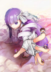 Rule 34 | 1boy, 5girls, :&gt;, animal ears, bandages, bandage over one eye, bb (fate), bb (fate), bb (fate/extra), bow, chibi, fate/grand order, fate (series), foreshortening, fox ears, fujimaru ritsuka (male), giant, giantess, hair bow, highres, kingprotea (fate), long hair, meltryllis (fate), moss, multiple girls, on finger, outstretched hand, passionlip (fate), pointing, purple eyes, purple hair, suzuka gozen (fate), takenoko seijin, very long hair