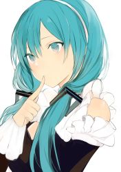 Rule 34 | 1girl, bad id, bad tumblr id, bare shoulders, black dress, blue eyes, blue hair, collar, colored eyelashes, detached sleeves, dress, expressionless, female focus, finger to mouth, hairband, hatsune miku, headgear, heterochromia, index finger raised, long hair, long sleeves, looking afar, low twintails, lpip, matching hair/eyes, pink eyes, simple background, sleeve cuffs, sleeveless, sleeveless dress, solo, thinking, tsurime, twintails, upper body, vocaloid