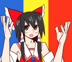 Rule 34 | 1boy, arms up, atama gapaan, black hair, blue background, blue necktie, bow, commentary request, cookie (touhou), detached sleeves, frilled bow, frilled hair tubes, frills, hair between eyes, hair bow, hair tubes, hakurei reimu, highres, long hair, looking at viewer, male focus, meme, mugi (cookie), multicolored background, necktie, open mouth, parody, red background, red bow, red shirt, romanian flag, scotch (cookie), shirt, sleeveless, sleeveless shirt, soka gakkai international, solo, touhou, trap, upper body, white sleeves, yellow background
