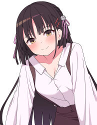 Rule 34 | 1girl, black hair, blunt ends, blush, breasts, brown skirt, cafe stella to shinigami no chou, cleavage, closed mouth, collared shirt, commentary, cowboy shot, earrings, eyes visible through hair, flower, from below, hair between eyes, hair flower, hair ornament, hair ribbon, hairclip, highres, jewelry, leaning forward, long hair, long sleeves, looking at viewer, medium breasts, pink ribbon, ribbon, shiki natsume, shirt, simple background, skirt, smile, solo, split mouth, stud earrings, suspender skirt, suspenders, symbol-only commentary, very long hair, white background, white flower, white shirt, yellow eyes, zlmh7okwwbmghfo