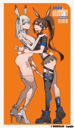 Rule 34 | 2girls, :d, absurdres, alternate costume, amiya (arknights), animal ears, ankle boots, arknights, ass, black footwear, black socks, black thighhighs, blue eyes, blunt bangs, boots, border, bottomless, breasts, brown hair, character name, collar, extra ears, eyeshadow, from side, frostnova (arknights), full body, grey eyes, grey footwear, grey hair, hair ornament, hairclip, high heels, highres, holding, holding knife, hug, jewelry, kneehighs, knife, large breasts, leaning forward, long hair, long sleeves, looking at viewer, looking to the side, makeup, microskirt, multiple girls, multiple rings, open mouth, orange background, panties, panty pull, parted lips, ponytail, rabbit ears, rabbit girl, rabbit tail, revealing clothes, ring, see-through, short sleeves, sideboob, sidelocks, simple background, single kneehigh, single sock, single thighhigh, skirt, smile, socks, standing, tail, thigh strap, thighhighs, underwear, white border, white panties, white socks, yat (tsmn7245)