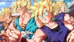 Rule 34 | 1girl, 3boys, absurdres, aged up, alternate costume, artist name, blonde hair, breasts, collarbone, dougi, dragon ball, dragon ball gt, father and daughter, father and son, fighting stance, frown, green eyes, highres, multiple boys, muscular, muscular male, open mouth, pan (dragon ball), pectorals, sarulart, short hair, signature, small breasts, smile, son gohan, son goku, son goten, super saiyan, super saiyan 1, wristband