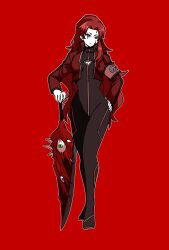 Rule 34 | 0o0onnk, 1girl, black bodysuit, bodysuit, closed mouth, cropped jacket, e.g.o (project moon), full body, gebura (project moon), heterochromia, highres, holding, holding sword, holding weapon, jacket, lobotomy corporation, long hair, looking to the side, parted bangs, project moon, red background, red hair, red jacket, simple background, single sidelock, solo, sword, very long hair, weapon