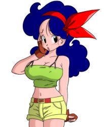 Rule 34 | 1girl, :o, bare shoulders, belt, black eyes, blue hair, blush, breasts, cleavage, cowboy shot, dragon ball, dragon ball (classic), embarrassed, female focus, fingerless gloves, gloves, green tank top, groin, hair ribbon, hand on own cheek, hand on own face, hand up, large breasts, legs, light blush, looking at viewer, lunch (dragon ball), midriff, navel, nose blush, parted lips, red ribbon, ribbon, short shorts, shorts, sleeveless, solo, standing, suspenders, tank top, thighs, transparent background, wavy hair, yamamoto doujin