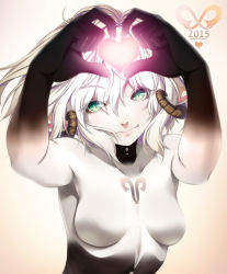 Rule 34 | 1girl, bodysuit, breasts, closed mouth, female focus, green eyes, heart, horns, looking at viewer, no nipples, original, rezi, short hair, simple background, smile, solo, white hair