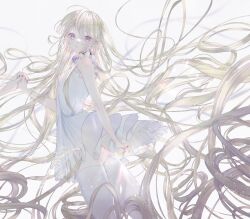 Rule 34 | 1girl, 1other, absurdly long hair, ahoge, backlighting, bare shoulders, black choker, black nails, blonde hair, brooch, choker, dress, feet out of frame, floating hair, highres, holding hands, jewelry, light particles, long hair, looking at viewer, msa (fary white), original, out of frame, parted lips, purple eyes, simple background, sleeveless, sleeveless dress, slit pupils, solo focus, thighhighs, very long hair, wavy hair, white background, white dress, white thighhighs