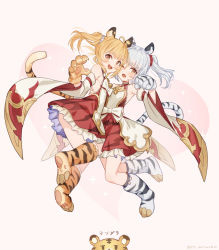 Rule 34 | 2girls, ahoge, animal ears, animal hands, armpit crease, bare shoulders, bell, blonde hair, blush, cheek-to-cheek, chinese commentary, cindala (granblue fantasy), commentary request, detached sleeves, dress, fang, full body, granblue fantasy, heads together, highres, huang (granblue fantasy), hug, jitome, laolao (granblue fantasy), looking at viewer, medium hair, mixed-language commentary, multiple girls, one eye closed, open mouth, pai (granblue fantasy), paw shoes, petticoat, pink background, red dress, siblings, sisters, sleeveless, smile, socks, sparkle, tail, teeth, tiger ears, tiger girl, tiger paws, tiger tail, twintails, twitter username, upper teeth only, white hair, wide sleeves, yellowpaint.