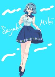 Rule 34 | 1girl, blue background, blue eyes, blue footwear, blue hair, blue hairband, blue skirt, blue theme, commentary, dutch angle, earrings, fast carrot 38, floral print, full body, gloves, hair between eyes, hairband, highres, holding, holding clothes, holding skirt, jewelry, looking at viewer, mahou shoujo madoka magica, mahou shoujo madoka magica (anime), miki sayaka, official alternate costume, open mouth, pleated skirt, shirt, short hair, skirt, sleeveless, solo, striped clothes, striped shirt