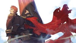 Rule 34 | 1boy, beard, blue eyes, brown hair, cannon, cape, epaulettes, facial hair, fate/grand order, fate (series), goatee, huge weapon, jacket, long sideburns, looking at viewer, machinery, male focus, military, military uniform, napoleon bonaparte (fate), official art, pectorals, ryota-h, sideburns, smile, solo, torn cape, torn clothes, uniform, weapon