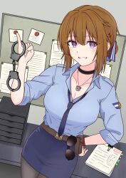 Rule 34 | 1girl, ammunition pouch, aviator sunglasses, belt, black pantyhose, blue necktie, blue shirt, blue skirt, blush, breasts, brown hair, choker, cleavage, collarbone, commentary, commentary request, cowboy shot, cuffs, from above, girls&#039; frontline, gotoo, grizzly mkv (elite on patrol) (girls&#039; frontline), grizzly mkv (girls&#039; frontline), hair ornament, hairclip, hand on own hip, handcuffs, highres, holding, holding handcuffs, indoors, jewelry, large breasts, looking at viewer, loose necktie, medium hair, necklace, necktie, open mouth, pantyhose, papers, pouch, purple eyes, shirt, shirt tucked in, skirt, sleeves rolled up, smile, solo, sunglasses, unworn eyewear, wristband