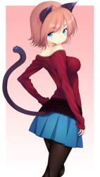 Rule 34 | 1girl, animal ears, bare shoulders, blue eyes, brown hair, cat ears, cat tail, hand on own hip, looking back, original, pantyhose, short hair, skirt, solo, tail, zizi (zz22)