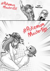 Rule 34 | 1boy, 1girl, absurdres, anniversary, arm up, bad id, bad pixiv id, blush, breasts, cowgirl position, creatures (company), emphasis lines, floral print, game freak, greyscale, hat, heart, hetero, highres, leaf (pokemon), leaf (sygna suit) (pokemon), long sleeves, lying, mimic yous, monochrome, nintendo, notice lines, nude, official alternate costume, pokemon, pokemon masters ex, pokemonmastersex (meme), red (pokemon), red (sygna suit) (pokemon), sex, sleeveless, sleeveless jacket, smile, straddling, vaginal