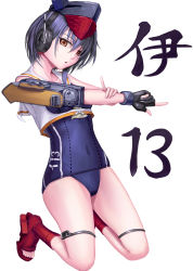 Rule 34 | 10s, 1girl, asymmetrical hair, black hair, brown eyes, character name, covered navel, framed breasts, gakky-cf, gloves, hair between eyes, hat, headphones, highres, i-13 (kancolle), index finger raised, kantai collection, kneeling, toeless footwear, partially fingerless gloves, school swimsuit, shoes, short hair, simple background, single glove, solo, swimsuit, white background