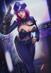 Rule 34 | 1girl, belt, breasts, cleavage, hair between eyes, hat, large breasts, league of legends, lens flare, lipstick, makeup, mechanical arms, medium hair, nail polish, navel, necktie, officer vi, pink eyes, pink hair, pink nails, police, police hat, police uniform, policewoman, red lips, scenery, screen, single mechanical arm, solo, translation request, uniform, vi (league of legends), weibo watermark, xixi (xixihenlan ing)