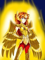 Rule 34 | 1girl, adapted costume, amondetauro, armor, aura, blue eyes, breastplate, brown hair, cosplay, full armor, gold armor, gold saint, hands on own hips, helmet, long hair, looking at viewer, mechanical wings, neon genesis evangelion, pants, pauldrons, red pants, red shirt, sagittarius aioros (cosplay), saint seiya, shiny clothes, shirt, shoulder armor, smile, solo, souryuu asuka langley, standing, what, wings
