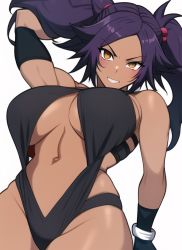 Rule 34 | 1girl, alternate hairstyle, arm behind head, bleach, breasts, brown eyes, dark-skinned female, dark skin, highres, large breasts, legs, long hair, looking at viewer, one-piece swimsuit, purple hair, shihouin yoruichi, smile, solo, swimsuit, thick thighs, thighs, toned, twintails, underboob