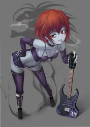 Rule 34 | 1girl, bikini, bikini top only, blue skin, boots, capcom, choker, cigarette, collar, colored skin, cutoffs, denim, denim shorts, elbow gloves, electric guitar, fingerless gloves, from above, full body, genderswap, genderswap (mtf), gloves, grin, guitar, hand on own hip, instrument, leaning forward, midnight bliss, midriff, nail polish, navel, purple bikini, purple thighhighs, red eyes, red hair, red nails, shiokonbu, short hair, short shorts, shorts, simple background, smile, smoking, solo, spiked collar, spikes, swimsuit, thigh strap, thighhighs, vampire (game), zabel zarock, zombie