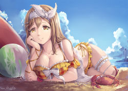 Rule 34 | 10s, 1girl, animal, arm support, artist name, ball, beach, beachball, bikini, bow, breasts, brown eyes, cleavage, closed mouth, cloud, collarbone, crab, flower bracelet, frilled bikini, frilled hairband, frills, from side, hair ornament, hair ribbon, hairband, hand on own cheek, hand on own face, hiroki ree, horizon, kunikida hanamaru, large breasts, bridal garter, lighthouse, long hair, looking at viewer, love live!, love live! school idol festival, love live! sunshine!!, lying, multicolored eyes, ocean, on ground, on side, open clothes, open shirt, outdoors, plaid, plaid bikini, ribbon, sand, shirt, shore, sleeveless, sleeveless shirt, smile, solo, surfboard, swimsuit, tareme, white bow, white hairband, white ribbon, white shirt, x hair ornament, yellow bikini, yellow eyes