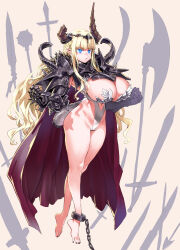 Rule 34 | 1girl, ankle cuffs, armor, asanagi, black nails, blonde hair, blue eyes, braid, breast cutout, breasts, broken horn, cape, commentary request, cross-shaped pupils, gauntlets, highres, horns, large breasts, leotard, long hair, original, pointy ears, red cape, shoulder armor, solo, symbol-shaped pupils, tiara, weapon, white leotard