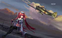 Rule 34 | 1girl, a6m zero, aircraft carrier, gloves, green eyes, hat, highres, midriff, military, military vehicle, navel, red hair, ship, shuiyue yanyun, star-shaped pupils, star (symbol), symbol-shaped pupils, taihou (warship girls r), thighhighs, twintails, warship, warship girls r, watercraft, wide sleeves