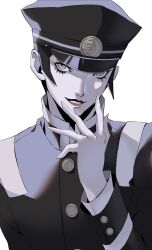 1boy black_hair black_hat black_jacket devil_summoner:_raidou_kuzunoha_vs_the_soulless_army devil_summoner_(series) gakuran grey_eyes grin hand_on_own_chin hand_on_own_face hat highres jacket kuzunoha_raidou long_sleeves looking_at_viewer male_focus military_uniform peaked_cap pertex_777 school_uniform short_hair simple_background smile solo upper_body white_background