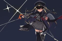 Rule 34 | 1girl, black cape, black hat, black thighhighs, blonde hair, cape, closed mouth, commentary, copyright request, grey background, grey shirt, grey skirt, hair between eyes, hat, highres, holding, holding sword, holding weapon, long hair, long sleeves, looking at viewer, military, military hat, military uniform, peaked cap, pleated skirt, red eyes, saber (weapon), sheath, shirt, skirt, solo, sparkle, sword, symbol-only commentary, tekka maki (wafuu-bune), thighhighs, two side up, uniform, unsheathed, v-shaped eyebrows, very long hair, weapon