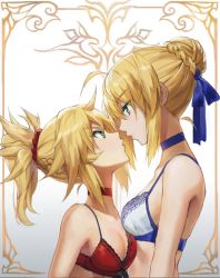 Rule 34 | &gt;:o, 2girls, :o, ahoge, alternate costume, aqua eyes, arm at side, artoria pendragon (all), artoria pendragon (fate), bare arms, blonde hair, blue bra, blue choker, blue ribbon, blush, bra, braid, breasts, choker, commentary request, couple, crown braid, expressionless, eye contact, eyes visible through hair, face-to-face, fate/apocrypha, fate/grand order, fate/stay night, fate (series), female focus, from side, gradient background, green eyes, hair between eyes, hair bun, hair ornament, hair ribbon, hair scrunchie, height difference, imminent kiss, incest, lace, lace-trimmed bra, lace trim, lips, looking at another, medium breasts, mordred (fate), mordred (fate/apocrypha), mother and daughter, multiple girls, neck, open mouth, ponytail, red bra, red choker, red scrunchie, ribbon, saber (fate), scrunchie, serious, short hair, sidelocks, small breasts, tonee, type-moon, underwear, underwear only, upper body, white bra, yuri