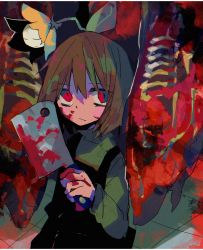 Rule 34 | 1other, androgynous, bad id, bad pixiv id, black overalls, blood, blood on face, blood on hands, bone, chara (undertale), cleaver, closed eyes, flowey (undertale), food, green sweater, hair between eyes, hanging food, holding, long sleeves, meat, cleaver, overalls, red eyes, soumenhiyamugi, sweater, undertale