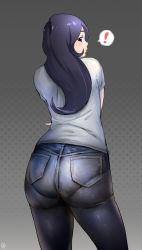 Rule 34 | !, 1girl, ass, bad id, bad pixiv id, black background, blue eyes, blue hair, blush, colored skin, cowboy shot, denim, from behind, gradient background, grey shirt, halftone, halftone background, ikuchan kaoru, jeans, long hair, looking at viewer, looking back, md5 mismatch, multicolored skin, original, pants, pantylines, profile, puckered lips, shirt, short sleeves, skin tight, solo, spoken exclamation mark