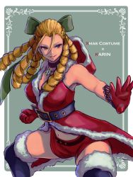Rule 34 | 1girl, ap cammy, bare shoulders, belt, black thighhighs, blonde hair, bow, brown eyes, capcom, choker, christmas, coat, commentary, drill hair, fighting stance, gloves, hair bow, highres, hood, hood down, hooded coat, kanzuki karin, long hair, navel, official alternate costume, red coat, red gloves, red shorts, santa costume, shorts, sleeveless, sleeveless coat, smile, solo, street fighter, street fighter v, thighhighs, thighs