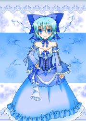 Rule 34 | 1girl, arm garter, bare shoulders, blue bow, blue dress, blue eyes, blue hair, blush, bow, cirno, corset, detached collar, detached sleeves, dress, embellished costume, fairy, fairy wings, frills, hair between eyes, hair bow, hand on own hip, ice, ice wings, long sleeves, looking at viewer, matching hair/eyes, ribbon, short hair, smile, solo, standing, tareme, touhou, wings