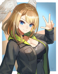 Rule 34 | 1girl, absurdres, black choker, black jacket, black tank top, blue eyes, breasts, brown hair, choker, cleavage, collarbone, covered navel, devonrex, eunie (xenoblade), feathered wings, fingernails, green jacket, head wings, highres, jacket, large breasts, long sleeves, looking at viewer, medium hair, open clothes, open jacket, pink nails, signature, smile, solo, tank top, two-sided fabric, two-sided jacket, w, white wings, wings, xenoblade chronicles (series), xenoblade chronicles 3