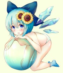Rule 34 | 1girl, ball, beachball, blue bow, blue eyes, blue hair, blue panties, blue socks, blush, bobby socks, bow, breasts, cirno, commentary request, flower, hadurin (zdmzy), hair between eyes, hair bow, hair flower, hair ornament, highres, kneeling, leaning on object, looking at viewer, nipples, open mouth, panties, polka dot, polka dot legwear, short hair, simple background, small breasts, socks, solo, sunflower, sweat, teeth, topless, touhou, underwear, underwear only, upper teeth only, wings, yellow background