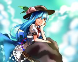 Rule 34 | 1girl, arm support, blue hair, breasts, collared shirt, commentary, day, dress, food, food on head, fruit, fruit on head, hat, head rest, hinanawi tenshi, keystone, long hair, looking at viewer, medium breasts, object on head, peach, red eyes, sash, shirt, sky, smile, solo, touhou, very long hair, yururi nano
