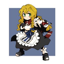 Rule 34 | 1girl, apron, bags under eyes, black footwear, black gloves, black skirt, blonde hair, blue background, blue bow, blue ribbon, blush, bow, braid, breasts, clenched hand, closed mouth, commentary request, cookie (touhou), creatures (company), frilled socks, frills, frown, full body, game freak, gloves, gram 9, green eyes, hair bow, holding, holding poke ball, kirisame marisa, large breasts, long hair, looking at viewer, mars (cookie), nintendo, partially fingerless gloves, poke ball, poke ball (basic), pokemon, red scarf, ribbon, scarf, shoes, side braid, simple background, single braid, skirt, socks, solo, touhou, two-tone background, waist apron, white apron, white background, white socks