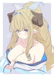 Rule 34 | 1girl, anila (granblue fantasy), anila (granblue fantasy) (cosplay), anila (yukata) (granblue fantasy), artist name, bare shoulders, blonde hair, blue eyes, blue hair, blue ribbon, blush, breasts, brown horns, cleavage, closed mouth, collarbone, commentary request, cosplay, dated, draph, granblue fantasy, grey background, hair ribbon, highres, horns, kichihachi, large breasts, long hair, looking at viewer, multicolored hair, pointy ears, razia, ribbon, sidelocks, solo, two-tone background, two-tone hair, upper body, white background