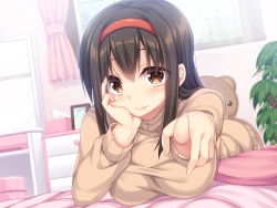 Rule 34 | 1girl, bad hand, brown eyes, brown hair, brown sweater, drawer, hand on own cheek, hand on own face, headband, highres, indoors, official art, on bed, pointing, pointing at viewer, red headband, roshin, smile, solo, stuffed animal, stuffed toy, sweater, tissue box, window
