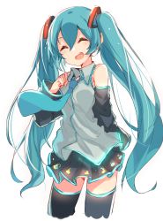 Rule 34 | 1girl, :d, ^ ^, absurdres, aqua hair, closed eyes, detached sleeves, hatsune miku, highres, kame^^, long hair, necktie, open mouth, simple background, skirt, smile, solo, thighhighs, twintails, very long hair, vocaloid, white background
